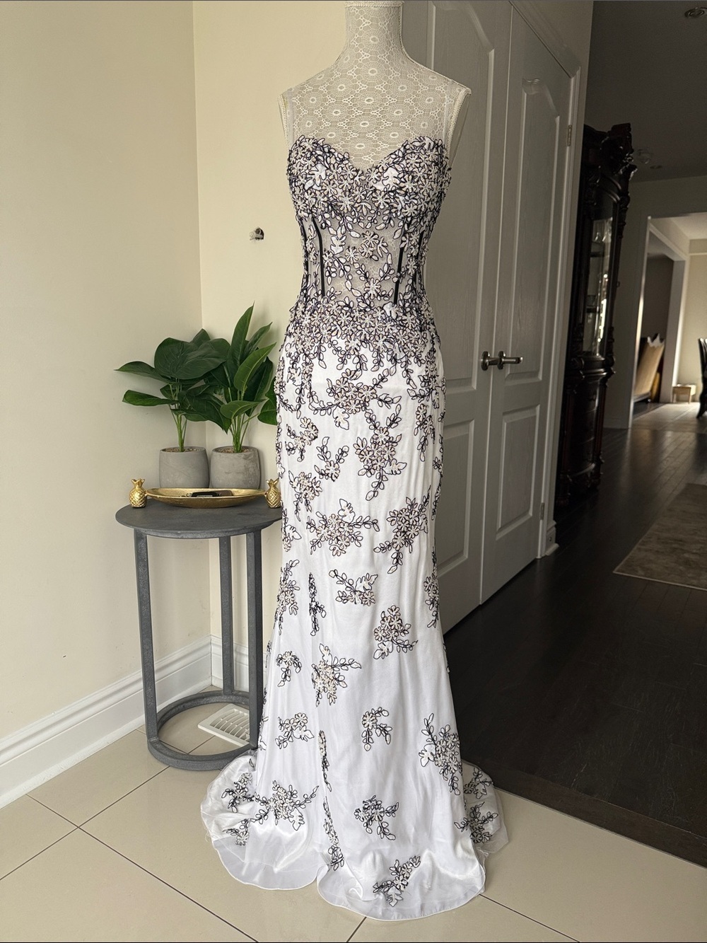 White Embroidered Strapless Evening Gown / Prom Dress